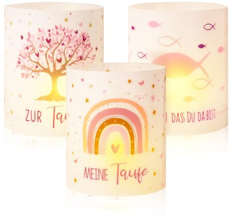 DOORIO 12 Stück Windlicht Tischdeko Taufe Kommunion SCHÖN DASS DU DA BIST Teelicht Lichthülle Mini Kerzen Deko Rosa Teelicht Kerzen Dekoration Taufe Kommunion Konfirmation Erstkommunion