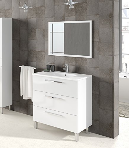 Abitti Mueble de Baño Taria Estilo Contemporáneo en Color Blanco Brillo con Espejo y 3 Cajones 80x86x45 cm (Lavabo Cerámico)