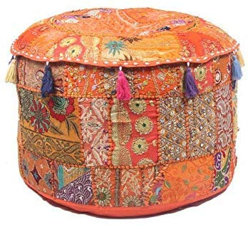 GANESHAM Indischer Sitzsack, Hippie-Patchwork-Design, Boho, Bohemian, handbestickt, ethnisch, handgefertigt, Pouf, Ottoman, Vintage, Baumwolle, Bodenkissen & Kissen (56 cm Durchmesser)