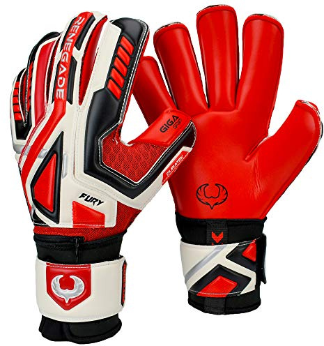 Renegade GK Fury Inferno Goalie Gloves with Pro-Tek Fingersaves | 4mm Giga Grip & 4mm Duratek | Red, White, Black Goal Keeper Gloves (Size 10, Adult, Roll Cut, Level 4)