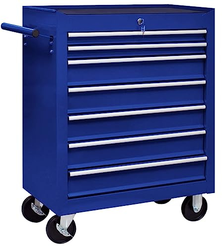 vidaXL Workshop Tool Trolley with 7 Drawers Lockable Garage Tool Cabinet Trolley with Drawer and Swivel Castor Storage Unit Organiser Blue