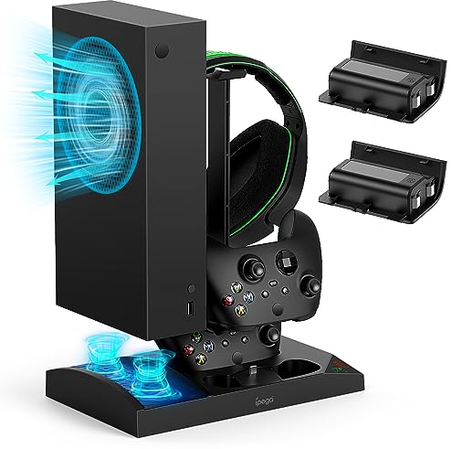 Support de Chargeur avec Ventilateur de Refroidissement pour Xbox Series S Console & Manette,Station d'accueil Verticale avec 2 x 1400mAh Batterie Rechargeable & Couvercle (Noir)