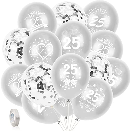 DPKOW 35pcs 25. Hochzeitstag Luftballons für Silberhochzeit Deko, Silber 25. Silberhochzeit Latexballons und Silber Konfetti Luftballons, 25 Jubiläum Silber Hochzeitstag Deko Zubehör, 6 Design