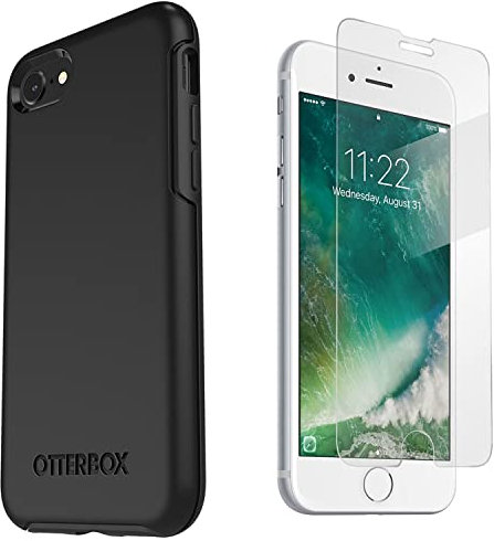 OtterBox Symmetry Series Case for iPhone SE 3rd Gen (2022), iPhone SE 2nd (2020), iPhone 8, iPhone 7 (NOT Plus) w/Tempered Glass Screen Protector, Bundle - Bulk Packaging - Black