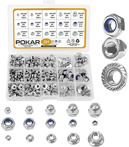 POKAR Sicherungsmuttern DIN 985 Edelstahl Sechskantmuttern Hutmuttern Flanschmuttern Schraubenmuttern Edelstahlmutter Muttern Set Selbstsichernde, 291 Stück