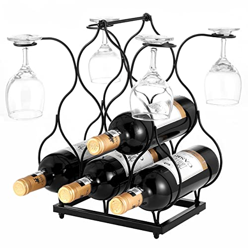 SYITCUN Countertop Wine Rack Metal,Hold 6 Bottles and 4 Glasses Wine Holder Stand,3-Tier Small Tabletop Wine Rack,Wine Organizer for Cabinet,Pantry