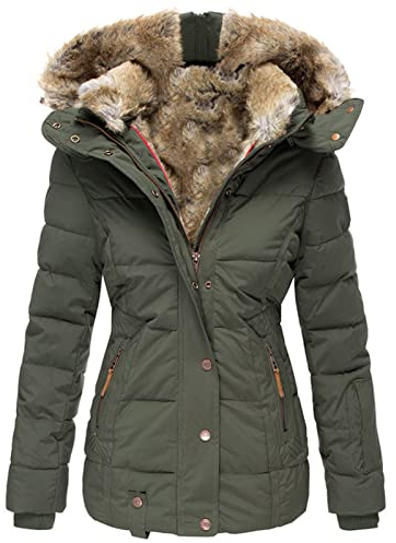 Manteaux d'hiver Militaires à Capuche pour Femmes Parkas Anoraks en Polaire à Manches Longues Et à Coupe Fine Veste en Coton éPais Et Chaud (Vert,L)