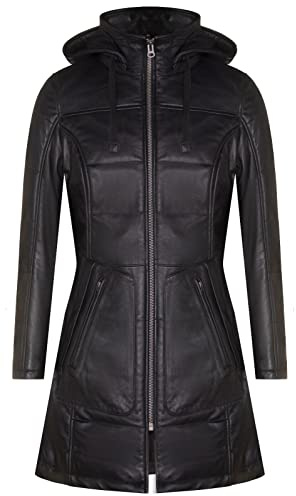 Women's Black Leather Puffer Quilted Hooded Parka Coat