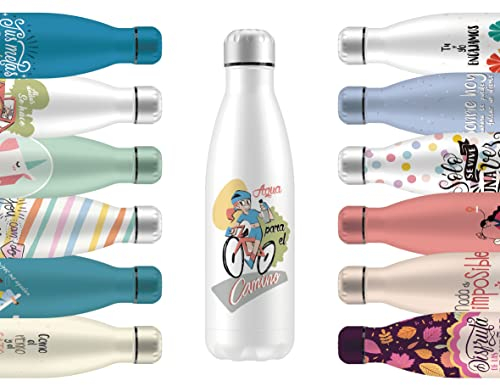Mi Ko Mi Ka Botella de Agua Térmica de Acero Inoxidable Reutilizable | Sin BPA | Mantiene 24H Frio / 12H Calor | Hermética - Doble Pared a Prueba de Fugas (Agua Para El Camino, 500ml)