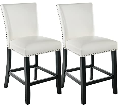 PADMA HOUSE Barhocker gepolsterter Barstuhl mit Mittlerer Rückenlehne, PU, Sitzhöhe 61 cm, Barhockern mit Fußstütze… (2er Set Weiß - mit Nieten Dekoration)