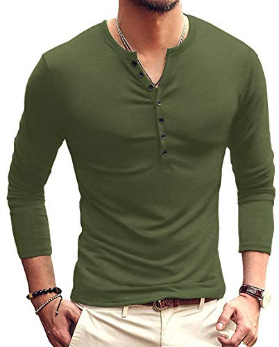 KUYIGO Men's Henley T-Shirts Summer Long Sleeve Shirts Casual Crew Neck Tee Basic Tops S-XXL XL Army Green