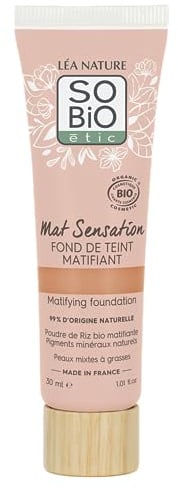 LÉA NATURE SO Bio étic | Bio-zertifizierte mattierende Foundation – Mat Sensation | Goldsand | Vereinheitlicht & mattiert den Teint | Mattierendes Bio-Reispulver | Vegan | Made in France | 30 ml