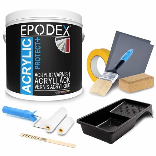EPODEX® ACRYLIC PROTECT+ | Wetterschutzlack Holzfarbe Außen & Innen| Holzlack Möbelfarbe Acrylfarbe Sabberlack| + Zubehörset | 45 Farben Transparent Farblos Weiß Bunt 1,1-16,5Kg