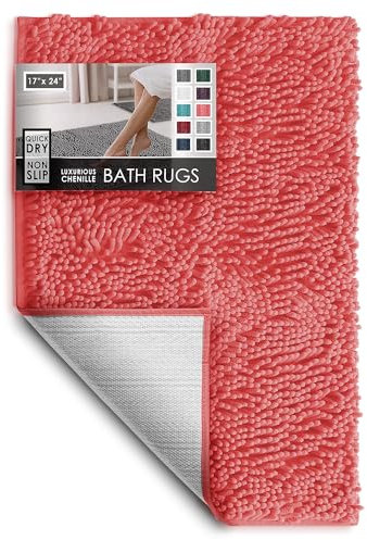 Hearth & Harbor Tapis de Salle de Bain Chenille Lavable en Machine avec Envers antidérapant en Caoutchouc à séchage Rapide, Petite Rose