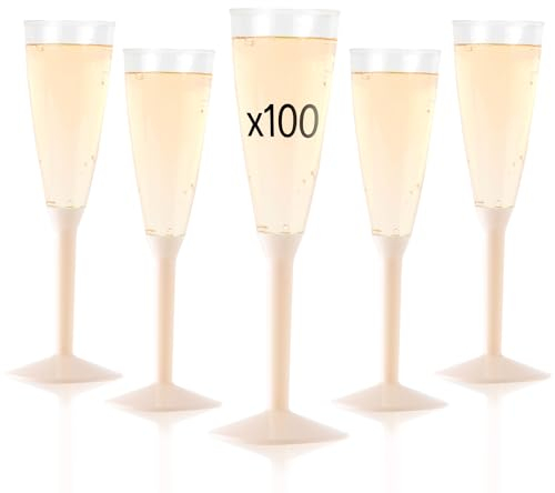 Lot de 100 Flutes Champagne Plastique Lavable et Réutilisable 14cl - Verre Plastique 100% Recyclable, Grande Stabilité, Rigidité Design Élégant - Parfait pour Anniversaire, Mariage (Ivoire)