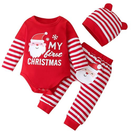 LNL Baby Jungen Mädchen Weihnachten Outfits Meine ersten Weihnachtskostüme Langarm Strampler +Santa Claus gemusterte Hosen für Hut 3PCS 12-18Months