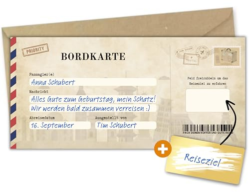 Milijou | Reisegutschein mit Rubbelaufkleber | Überraschung, Geschenk, Grußkarte, Geburtstagsgeschenk, Personalisierung, Reise, Weihnachten, Bordkarte
