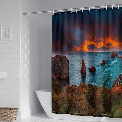 Homxi Rideau de Douche a Oeillets,300 W x 200 H CM,Rideau de Douche Vert Orange Paysage Balnéaire Rideau de Douche Polyester Rideaux de Douche avec Anneaux