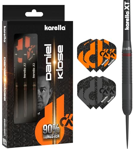 Karella Steeldart Daniel Klose, 90% Tungsten, 22 g, 2 Flight Sets, 3 Pfeile mit Metallspitze, für Klassische Dartscheibe, Dartboard