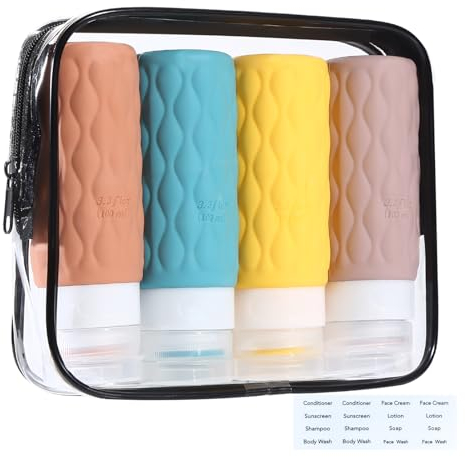 Bottiglie da Viaggio 100ml in Silicone,Bottiglie da viaggio ricaricabili di shampoo,bagnoschiuma e lozione con sacchetto per liquidi della compagnia aerea,Senza BPA,approvato dalla TSA