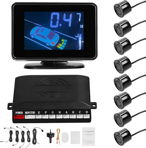 Mulcort Car Reverse Backup Parking Sensor Radar System, 8 Parking Sensors Kit with Front & Rear Sound Warning Buzzer Mute LCD Distance Display Volumes