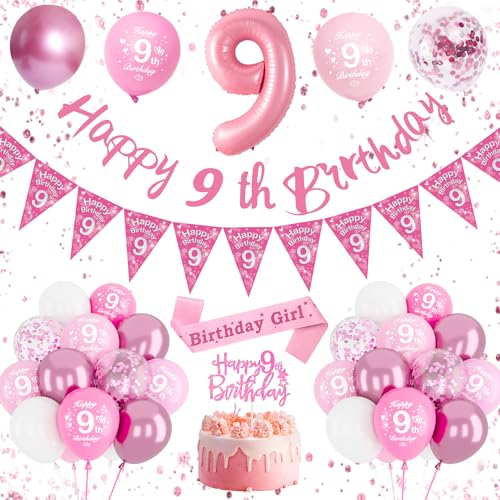 Decorazioni per 9° compleanno per ragazze, palloncini rosa, striscione di buon compleanno, palloncino numero 9, fascia, topper per torta per 9 anni