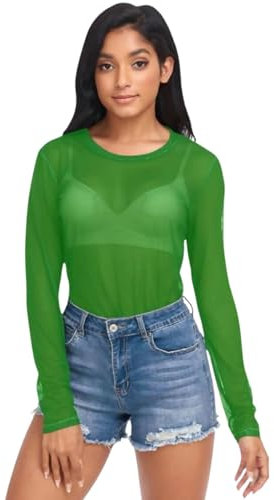 STAR FASHION Sheer Mesh Top Long Sleeve See Through T Shirt Tops for Womens Ladies Stretchy Round Neck Tee T-Shirts Neon Green-ML