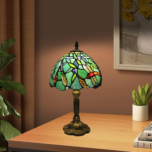 Mengjay Tischlampe,Vintage Nachttischlampe Wohnzimmer Tischleuchte,Bunte Glas Lampenschirm,E27 Nachtlampe Leselampe,Schlafzimmer Deko Lampe,Jugendstil Tischlampe (C)