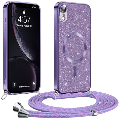 Phoona handyband Hülle für iPhone XR mit Band, Glitzer Handyhülle Kompatibel mit MagSafe, Ganzkörperschutz Kratzfeste Stossfest Schutzhülle mit Einstellbar Kette, Lila