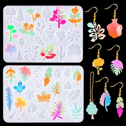 Voyyphixa 2 Stück Epoxidharz Silikonformen Schmuck 41 Stück Blatt Silikonformen Gießformen Ohrringe Earrings Resin Molds für Schmuckherstellung Anhänger Lesezeichen Halskette Ohrringe