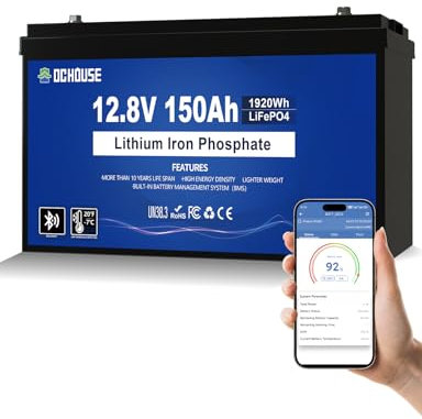 DCHOUSE Batteria al litio LiFePO4, 12 V, 150 Ah, con luce SOC e indicatore BMS, protezione dalle basse temperature, batteria al litio da 4000 cicli, per camper, impianti solari, roulotte, motori a