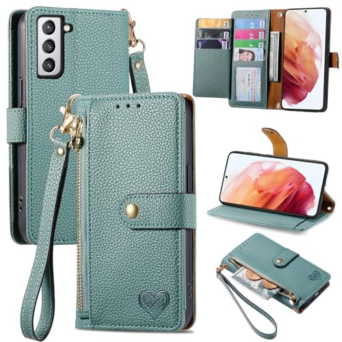 VEEMOS Zipper Wallet Case for Samsung Galaxy S21 5G Phone Case with Purse Card Holders RFID Blocking Leather Flip Case Book Cover Wrist Strap Women - Green