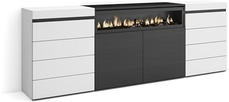 Skraut Home | Kommode mit Schubladen | Aufbewahrungsschrank | 214x75x35 cm | Für Schlafzimmer, Zimmer | Elektrokamin. | Moderner Stil | Weiß und Schwarz