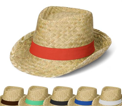 Sommerhut 'Kuba' Unisex - Sonnenhut für Damen & Herren im Trilby-Design - Panama Hut aus Seegras mit stylischem Klettverschlussband - Kopfbedeckung für Garten, Strand & Urlaub, Farbe:natur/rot