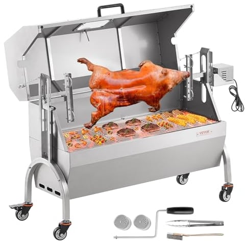 VEVOR Parrilla de Cordero Cochinillo Parrilla para Asar 90 kg Barbacoa de Carbón para Cerdo Entero, Cordero, Cabra, Motor Eléctrico de 52 W Asador de Acero Inoxidable con Ruedas 1320 x 500 x 878 mm