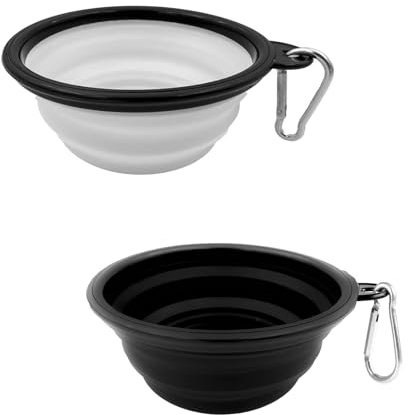 2 Pcs Collapsible Dog Bowls, 350 ml Portable Travel Dog Bowl, Travel Dog Water Bowl with Carabiner, Food-Grade Silicone Bowl (Black, White)