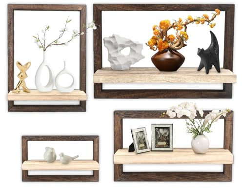Vehoukli Set mit 4 Wandregal Wohnzimmer Deko Schwebende Regal für Die Wand Deko Wandregal Holz Hängeregale zur Wandaufbewahrung Braun