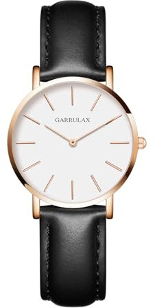 Garrulax Damen ultradünnes Gehäuse Analoge Quarzuhr Armbanduhren 36MM(Gold, Weiße Oberfläche, Schwarzes Leder)