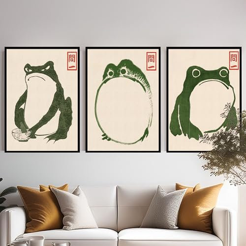 DUOMIO Matsumoto Hoji Frosch Poster 3er Set – DIN A3 mit Rahmen – Wabi Sabi Wandkunst Vintage Deko Japanische Ästhetik fürs Zuhause