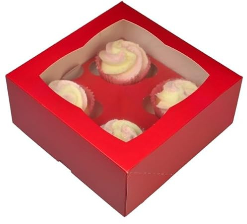 LARRYROO PREMIUM Windowed Red Cupcake Boxes for 4 Cup Cakes & inserts | Valentines Day, Anniversary, Christmas Etc (10)
