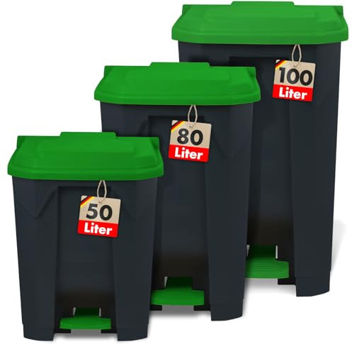 Floordirekt Mülleimer 80 Liter, grüner Deckel, Abfalleimer für Küche und Büro, Mülltrennsystem, Tretmülleimer mit Step-On-Mechanismus, Papierkorb, Mülltonne Olaf