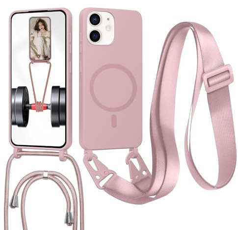 GoodcAcy Crossbody Lanyard Case for iPhone 12 Mini, [Compatible with MagSafe] Magnetic Case with Strap Adjustable and Removable Neck, Anti-Fingerprint Cover, Sand Pink