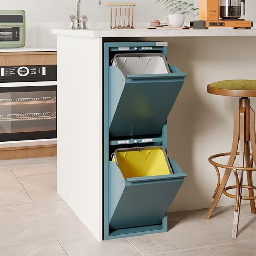 VEEHAUS Poubelle cuisine à rabats acier, 2 bacs, 15 L - 30 L, Bleu | Joint anti-odeurs, Pose libre, prémonté, Usage intérieur, Ouverture manuelle par rabats, Bacs intérieurs amovibles