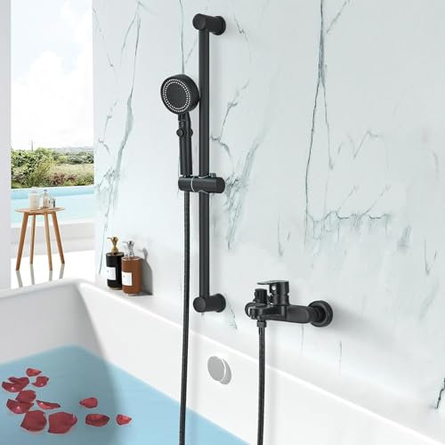 fyheast Badewannenarmatur mit Handbrause Schwarz Mischbatterie Badewanne Wannenarmatur mit 690mm Duschstange Duschbrause mit 1.5m Duscharmatur Komplettset