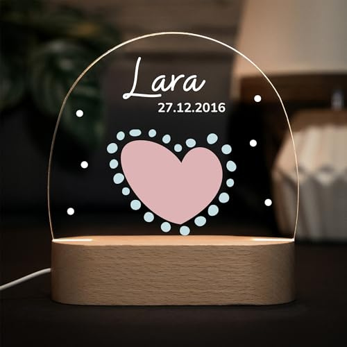 LARIFEE Nachtlicht Herz mit Name – Personalisiertes LED Nachtlicht für Kinder – Lampe aus Acrylglas & Holz, dimmbar – Geschenk zur Geburt oder Taufe