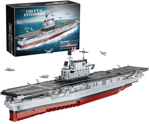 muuchuu Militär Schlachtschiff Bausatz Spielset Erwachsene, USS CV-6 Enterprise Kriegsschiff Modell Ausstellungsständer, Großes WW2 Wasserfahrzeug, Geschenk Jungen Mädchen Sammler Deko (1883Teile)