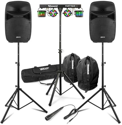Vonyx VPS102A 10 Active DJ Speaker System Set with BeamZ PartyBar2 Lighting, Speaker Stands, Microphone & Carry Bags - Complete Home DJ Setup Kit