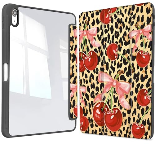 Vozehui Funda protectora para iPad (A16) de 11/10 pulgadas con estampado de leopardo de cerezo de 11/10 pulgadas con carcasa trasera transparente con soporte para lápices, funda protectora de triple