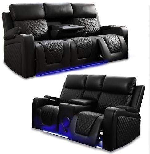 Electric Florida Recliner Sofa 3+2 Seater – Black Faux Leather Power Recliner with Bluetooth Speakers, LED Lights, USB Charging, Cup Holders & Storage – Luxury Home Cinema Couch UK