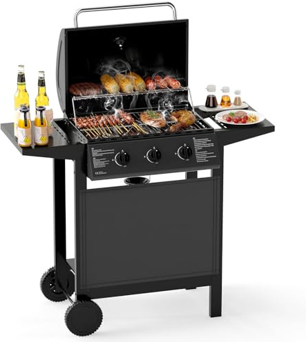 COSTWAY Gasgrill mit 3 Brenner, 7 kW, BBQ Grillwagen mit Deckel, 2 Seitentischen, Grillrost, Thermometer, und 2 Rollen, große Grillfläche, Gartengrill Gas Grill, für Balkon Garten Camping
